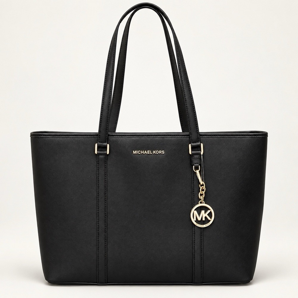 Michael Kors Jet Set Travel TZ Shoulder Bag Gold Black Saffiano Leather Zip Tote
